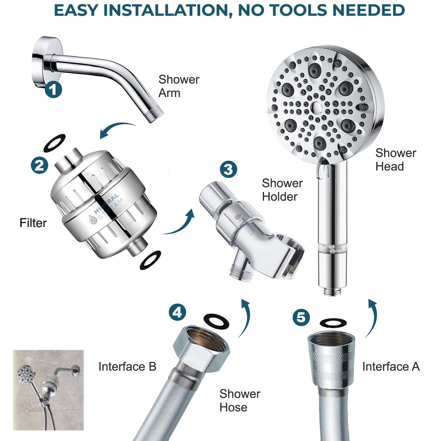 Luxe douchekop met 9 standen, complete doucheset